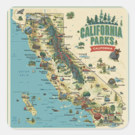 Vintage illustrerad karta över Kaliforniens parker Fyrkantigt Klistermärke