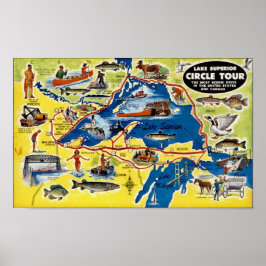 Vintage Illustrerad Lake Superior-karta Poster