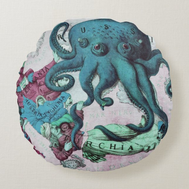 Vintage Illustrerad Nautisk Karta-Medelhavet Rund Kudde (Framsidan)