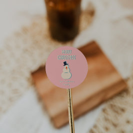 Vintage Illustrerad Rosa Snögubbe God jul Runt Klistermärke