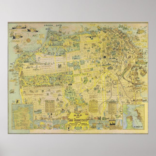 Vintage Illustrerad San Francisco Karta 1970 Affis Poster (Framsidan)