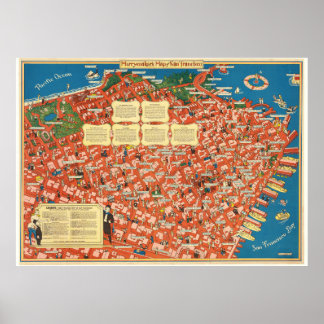 Vintage Illustrerad San Francisco Kartaffisch 1940 Poster