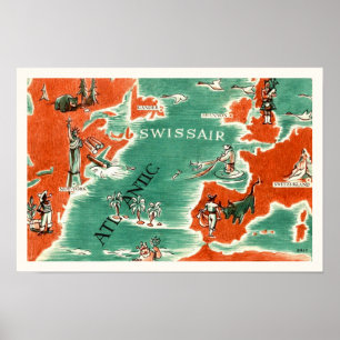 Vintage illustrerad Swissair karttryck Poster