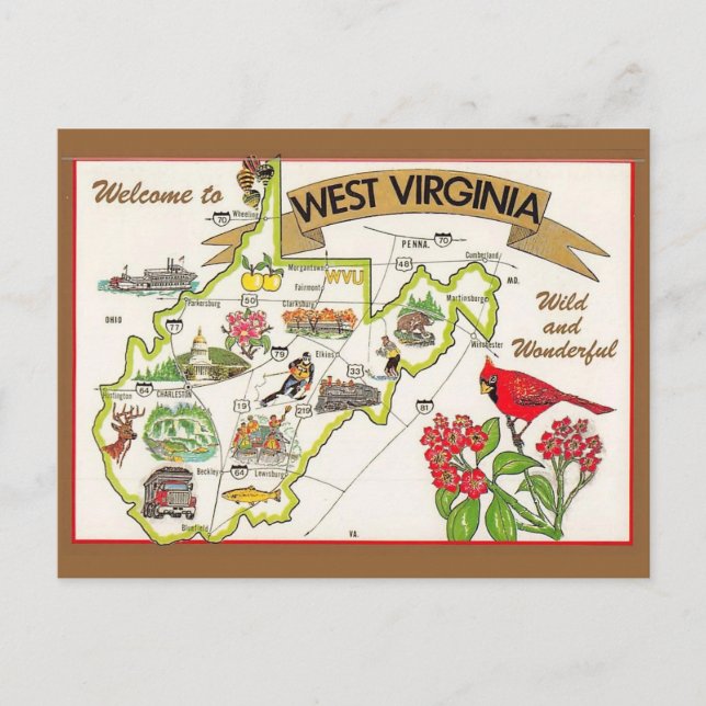Vintage illustrerat vykort från West Virginia (Framsida)