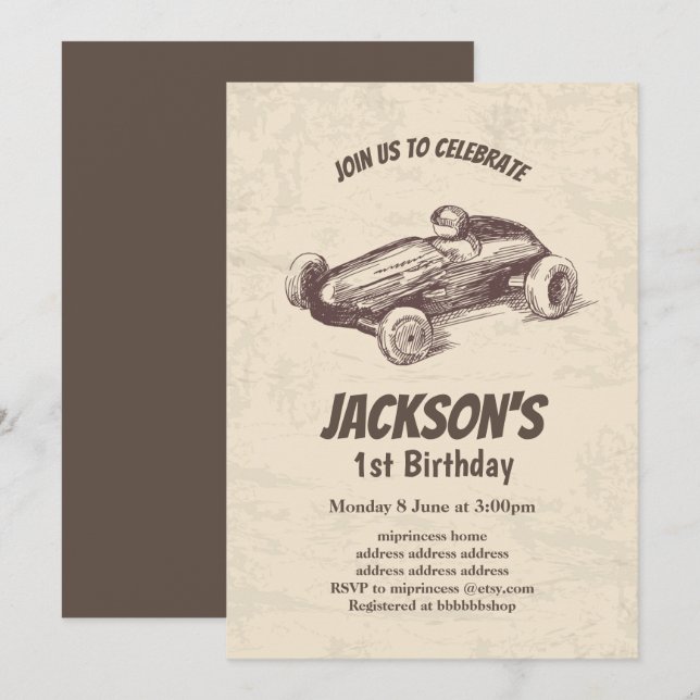 vintage, inbjudan till tävling-bilfödelsedag (Fram/baksida)