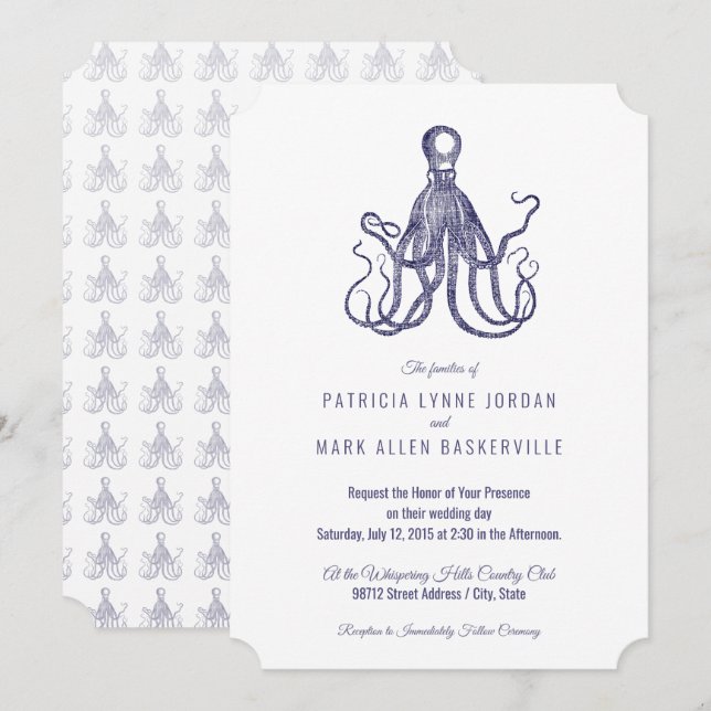 Vintage Inbjudan till texturerad oktopus (Fram/baksida)