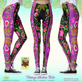 Vintage Indian Boho Blommigt Black & Lila Leggings