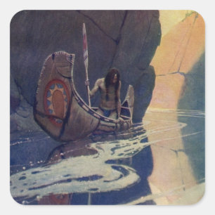 Vintage Indian Kanot Paddling Sol Klassiker Fyrkantigt Klistermärke
