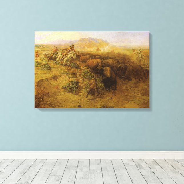 Vintage indianer, Buffalo Hunt av CM Russell Canvastryck (Insitu (trägolv))
