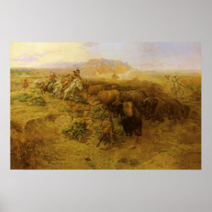 Vintage indianer, Buffalo Hunt av CM Russell Poster