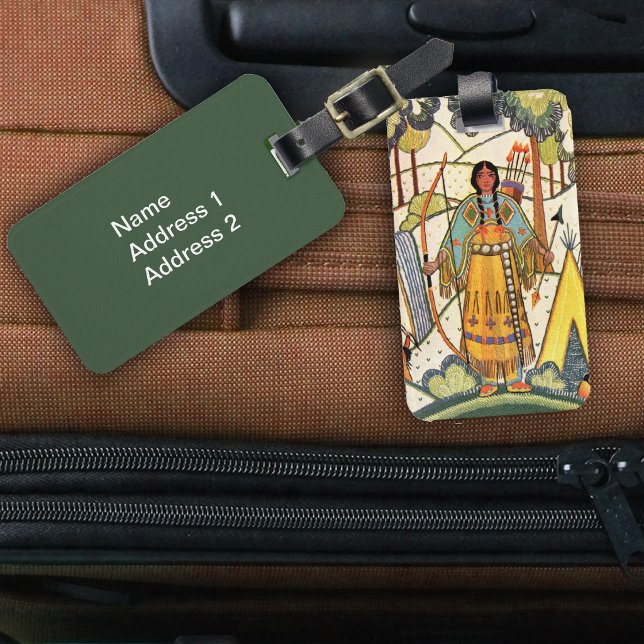 Vintage-indiankvinnas by Skog Bagagebricka (Native American woman yellow teepee in forest embroidered faux texture on luggage tags.)