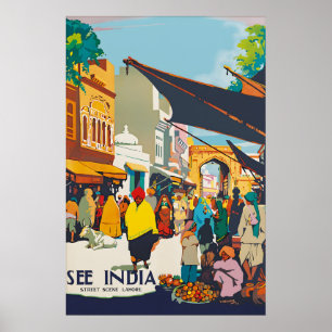 Vintage Indien Resa Poster Lahore Gatuscen