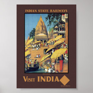 Vintage Indien Reseskylt Varanasi Ganges 1930-tale Poster