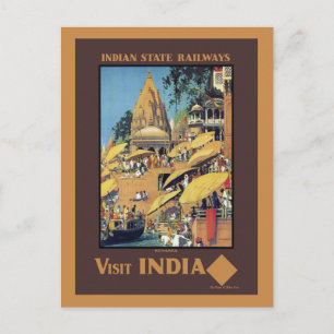 Vintage Indien Reseskylt Varanasi Ganges 1930-tale Vykort