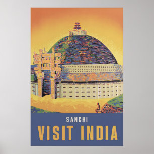 Vintage Indien Sanchi Stupa Resemålning Affisch Bu