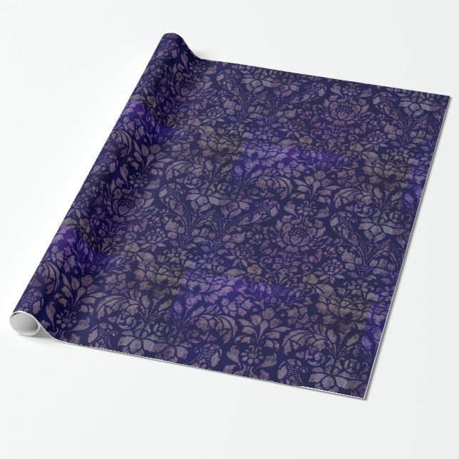 Vintage Indigo Blue Damask Presentpapper (Utrullad)