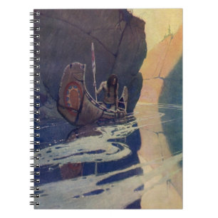 Vintage Indisk Kanot Paddling Sol Klassiker Anteckningsbok Med Spiral