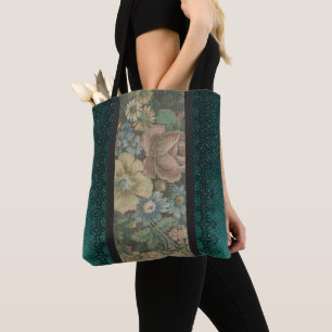 Vintage Inspired Blommigt Burlap och Mörk Teal Tygkasse