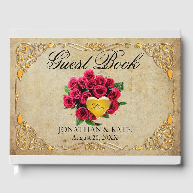 Vintage Inspired Röd ros och Guld Bröllop Gästböcker (Framsida)