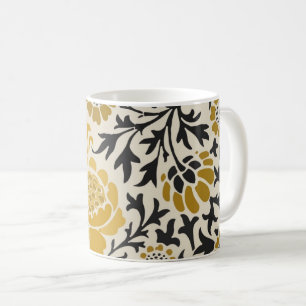 Vintage-inspirerad gul och svart blommig mönster kaffemugg