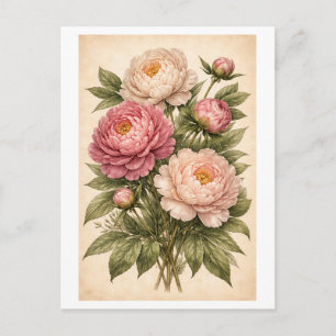 Vintage-inspirerad illustration av peoniblomma vykort