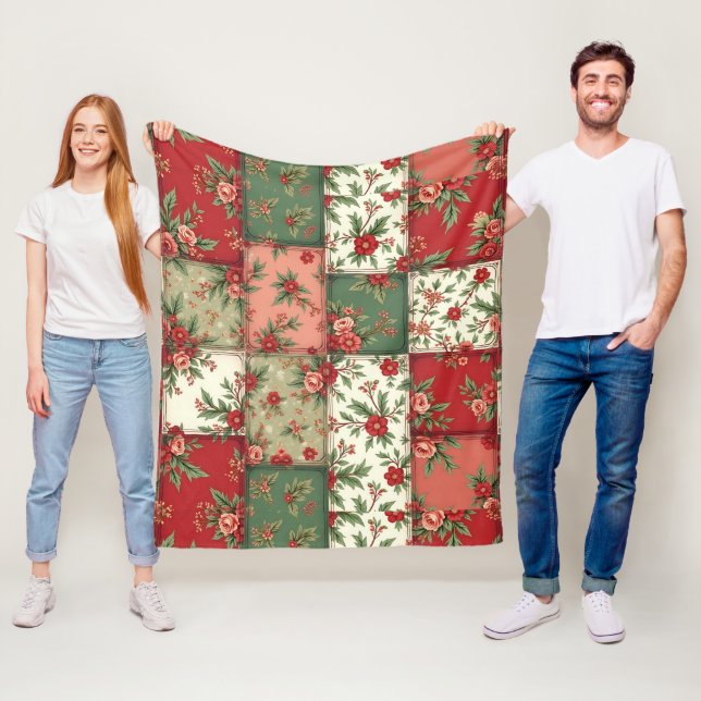 Vintage Inspirerad Julblommig Quilt Mönster Fleecefilt (På plats)