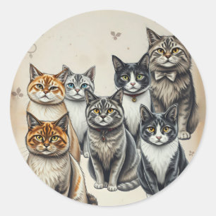 Vintage-inspirerad kattfamilj Porträtt Runt Klistermärke