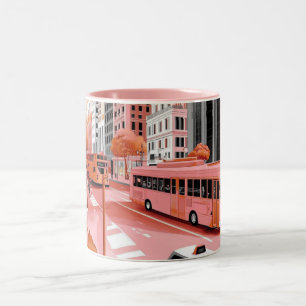 Vintage-inspirerad rosa buss i en stadsbild, nosta Två-Tonad mugg