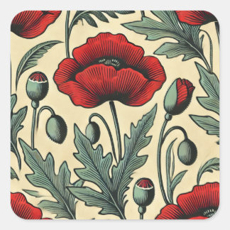 Vintage-inspirerade rödpoppies Mönster Fyrkantigt Klistermärke