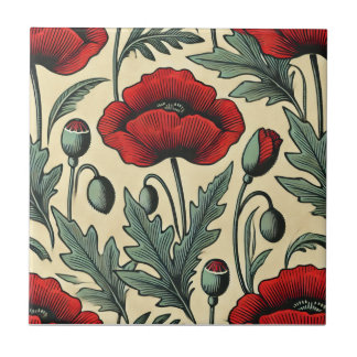 Vintage-inspirerade rödpoppies Mönster Kakelplatta