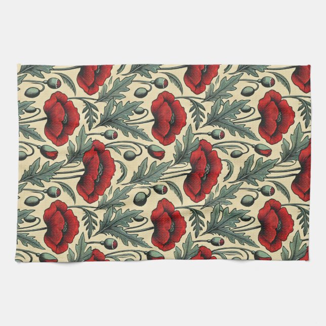 Vintage-inspirerade rödpoppies Mönster Kökshandduk (Horisontell)
