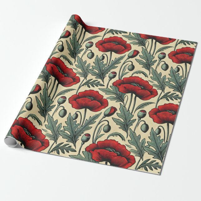 Vintage-inspirerade rödpoppies Mönster Presentpapper (Utrullad)