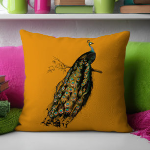 Vintage Intricate Peacock Mustard Gult Kudde