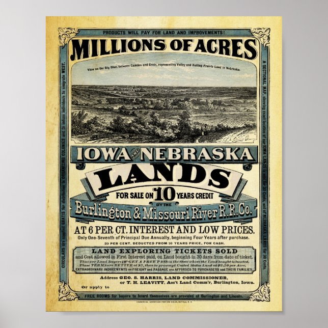 Vintage Iowa och Nebraska Land Sale Print Poster (Framsidan)