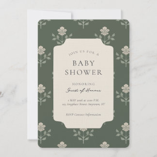 Vintage Iris Blocktryck Blommig Bebis Shower Inbjudningar