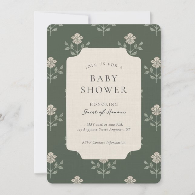 Vintage Iris Blocktryck Blommig Bebis Shower Inbjudningar (Framsida)