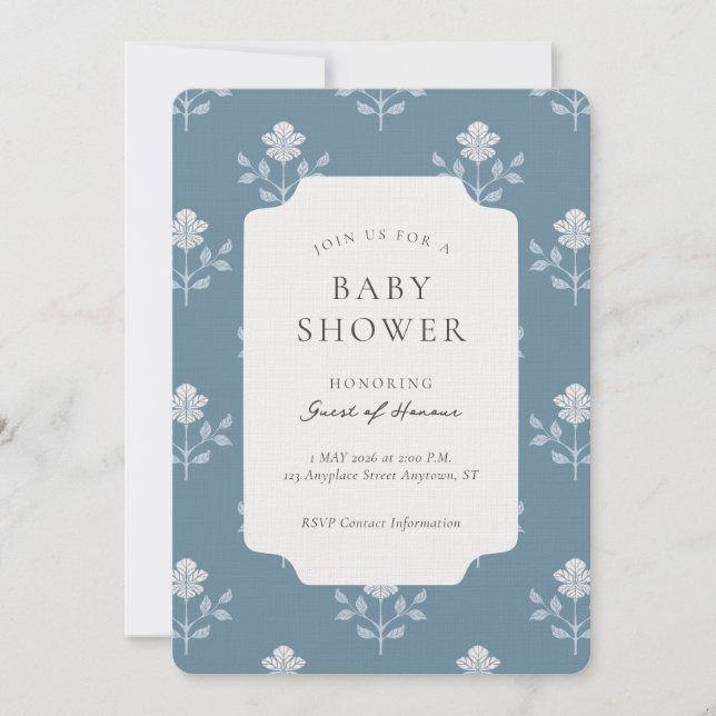 Vintage Iris Blocktryck Blommig Bebis Shower Inbjudningar (Framsida)