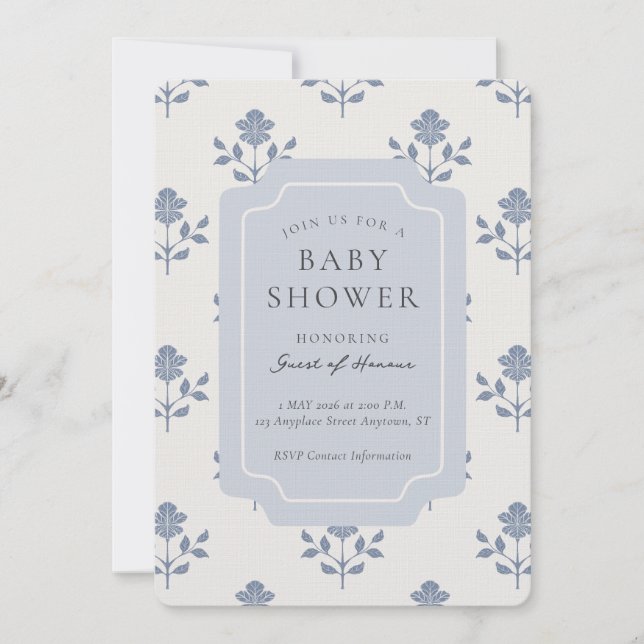 Vintage Iris Blocktryck Blommig Bebis Shower Inbjudningar (Framsida)