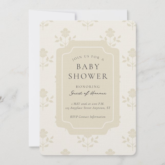 Vintage Iris Blocktryck Blommig Bebis Shower Inbjudningar (Framsida)