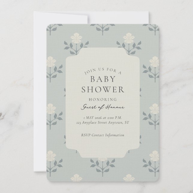 Vintage Iris Blocktryck Blommig Bebis Shower Inbjudningar (Framsida)