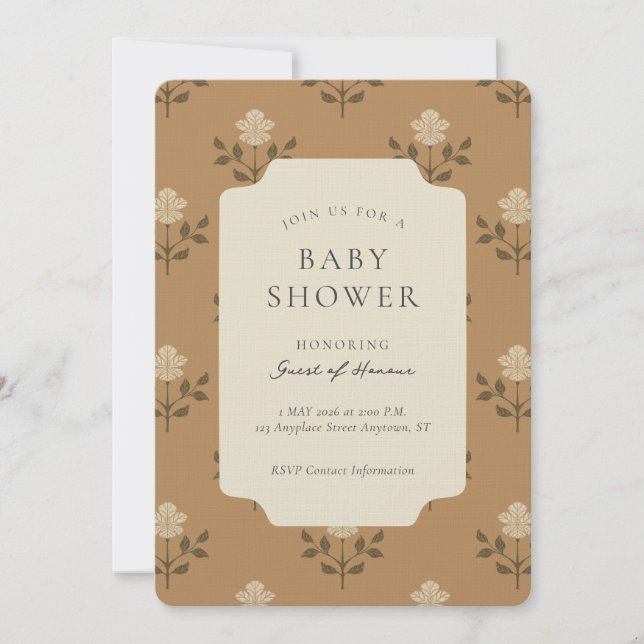 Vintage Iris Blocktryck Blommig Bebis Shower Inbjudningar (Framsida)