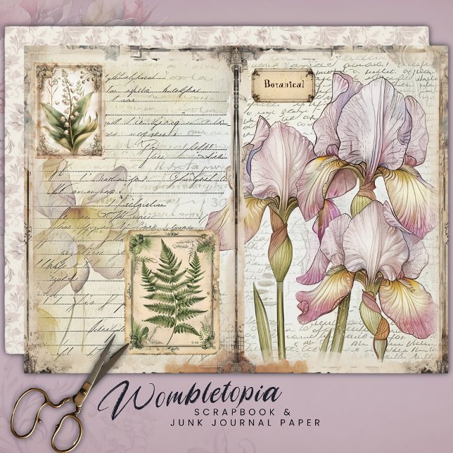 Vintage Iris & Fern Botanical Junk Journal Papper (Skapare uppladdad)