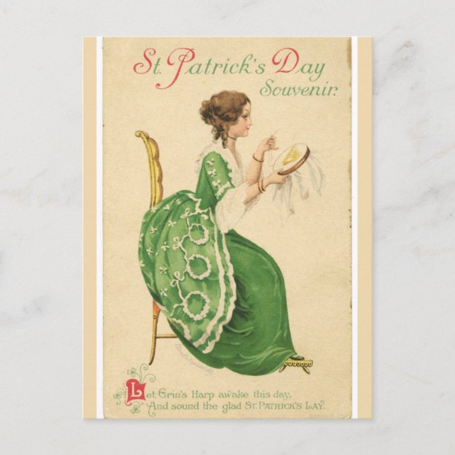 Vintage Irish Dam i Grönt Sewing Vykort (Framsida)