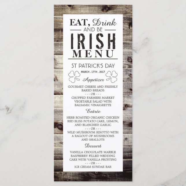 Vintage Irish Wood St patrick's day Menu Meny (Framsida)