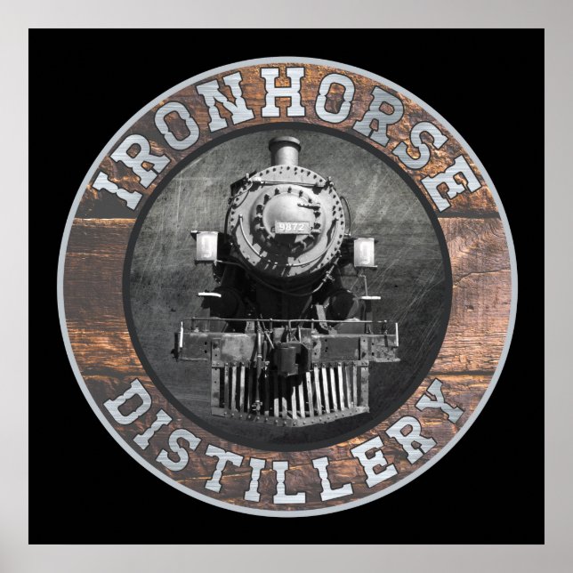 Vintage Ironhästdestilleri i trä och Metall Poster (Framsidan)