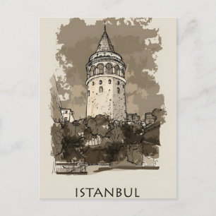 Vintage istanbul Torn Turkey Travel vattencolor Vykort