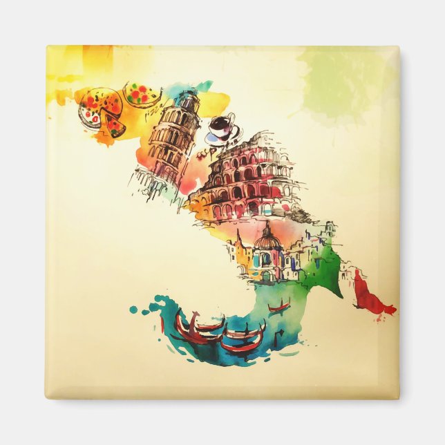 Vintage Italien City Travel Kärlek Watercolor Magnet (Framsidan)
