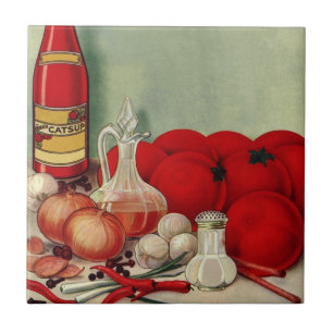 Vintage italiensk mat Tomater Lök Paprika Catsup Kakelplatta
