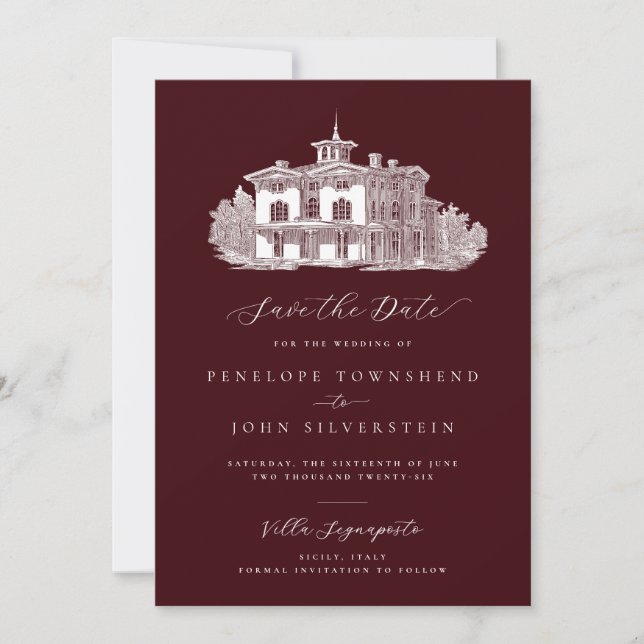 Vintage italiensk villa djup burgunderfärgad bröll spara datumet (Framsida)
