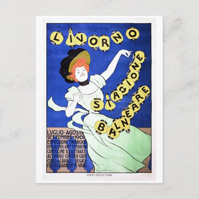 Vintage Italienska reseaffisch Livorno-strand Vykort (Framsida)